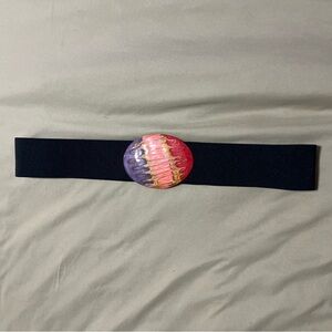 Vintage 80s Black Elastic Belt w/ Abstract Enamelled Oval Buckle by Bill Blass